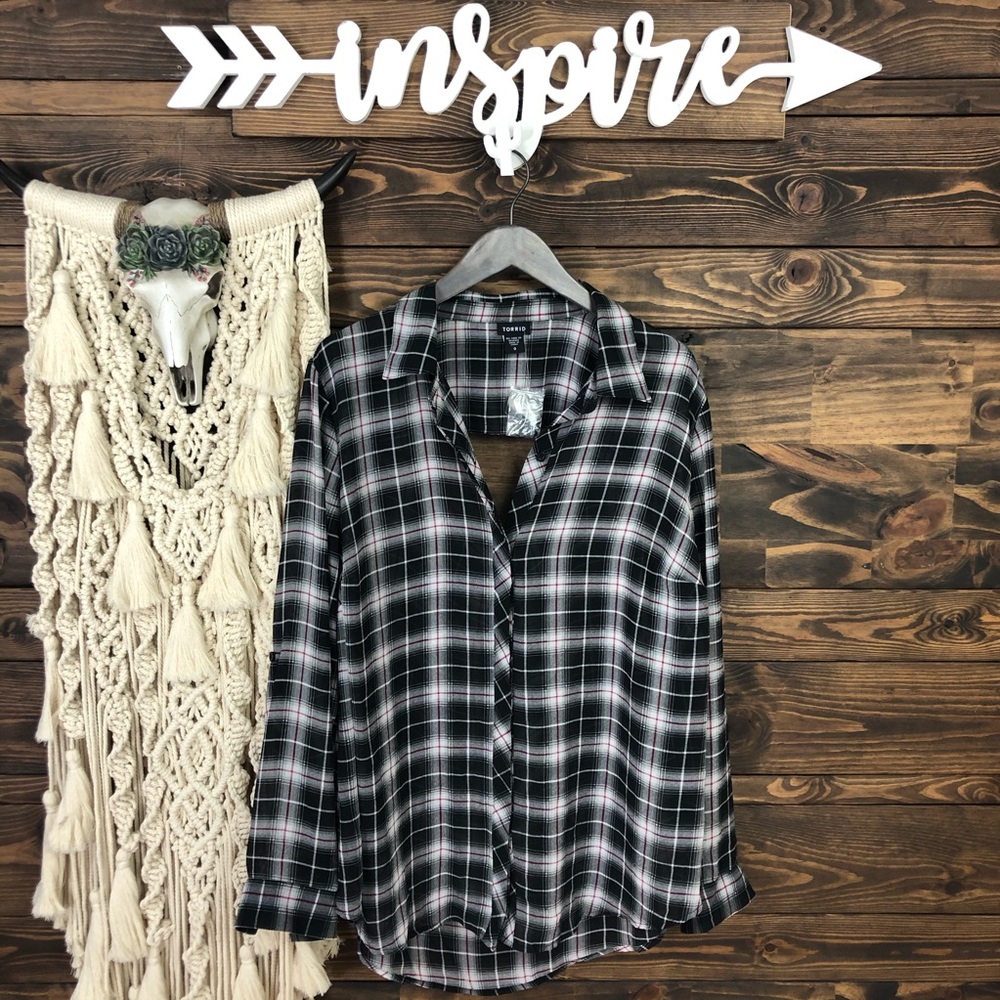 Torrid |‎ Sheer Plaid Open Back Button Down Blouse